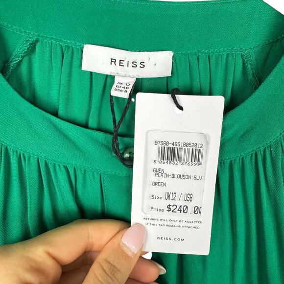 Reiss NWT Gwen Green Long Gathered Blouson Sleeve Cocktail Business Blouse - Picture 15 of 16